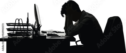 A stressed man sits at his desk with his head in his hands in silhouette, isolated on white background