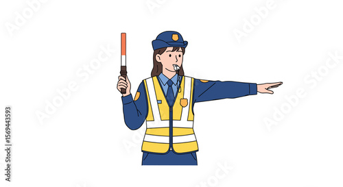 Law enforcement officer directing traffic with a signal baton and gesturing right