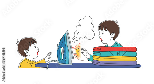 Two young boys learning to iron clothes and being careful around the hot iron and steam