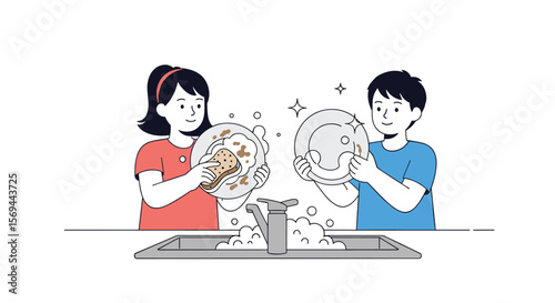 Children helping with kitchen chores washing dishes together in the sink