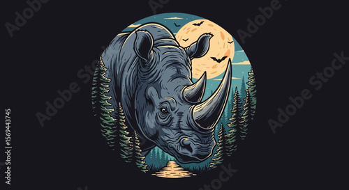 Stylized Rhino Portrait with Horns, Trees, and Moon Illustration