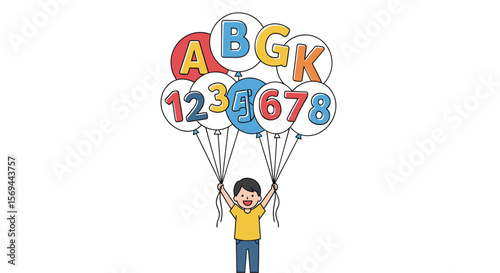 Child holding balloons with alphabet letters numbers floating in sky fun learning activity