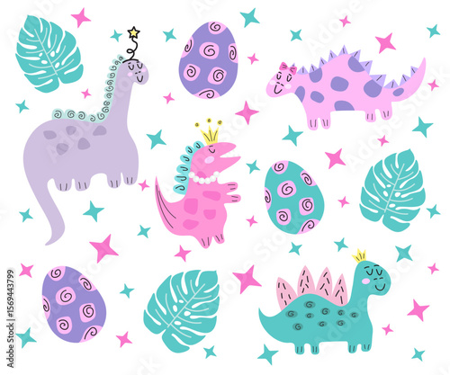 Illustration of cute dinorosaurs on white background.