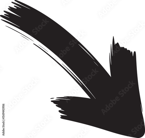 Rough brush stroke arrow pointing down and to the right silhouette isolated on white background
