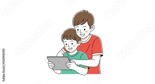 Older brother helps younger sibling learn together on digital device screen time family bonding
