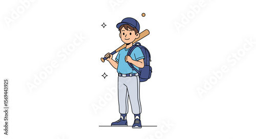 Young baseball player with bat and backpack ready for game day practice sports