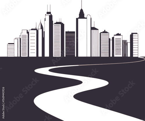 Cityscape with winding road and skyscrapers buildings urban