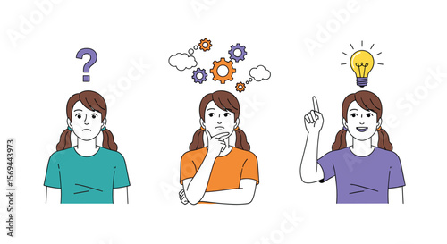 Young woman pondering with question then thinking with gears then having idea light bulb