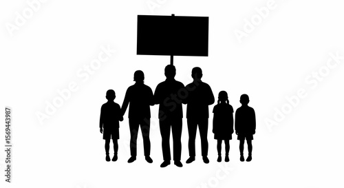 Silhouette of Family Protesting with Sign, Standing Together in Solidarity