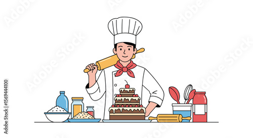 Expert baker crafting a delicious multi tiered cake with culinary ingredients and tools for sweet creations