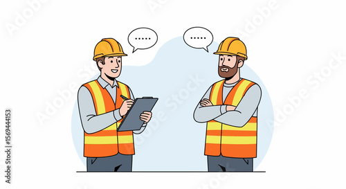 Two Construction Workers in Hard Hats Discussing Plans with Speech Bubbles