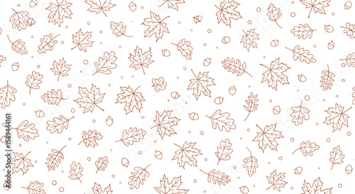 Charming hand drawn autumn leaves and small circles pattern on white background