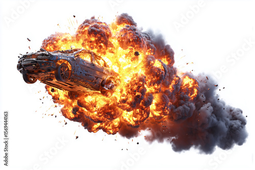 3D render of a highly detailed, dynamic car explosion, featuring a ruptured fuel tank blast. Isolated on a white background for clarity