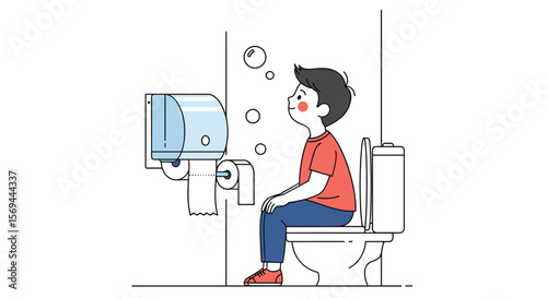 Young boy sitting on a toilet thinking about bathroom needs and hygiene practices