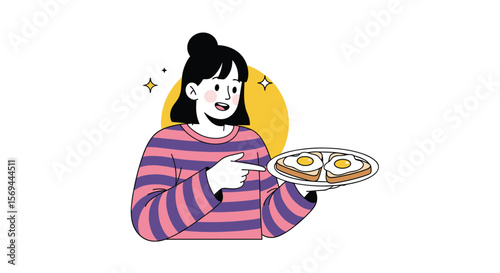 Young girl proudly presents her perfectly cooked fried eggs on toast delightful breakfast preparation