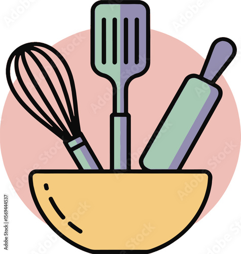 Whisk spatula and rolling pin in bowl kitchen utensils