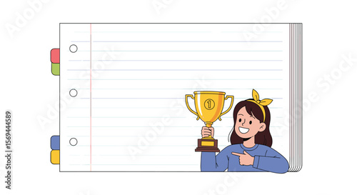 Creative student achieves top prize holding golden trophy and pointing proudly