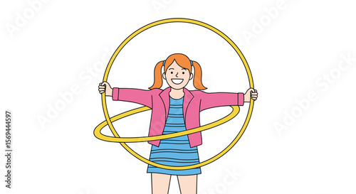 Young girl happily spinning a large golden hoop around her body in a playful motion