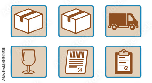 Brown and White Delivery Icons Set Cardboard Boxes Truck Glass Checklist Barcode