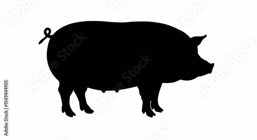 Black Silhouette of a Pig Standing Profile on White Background