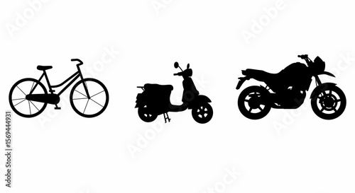 Black Silhouette of Bicycle, Scooter, and Motorcycle on White Background