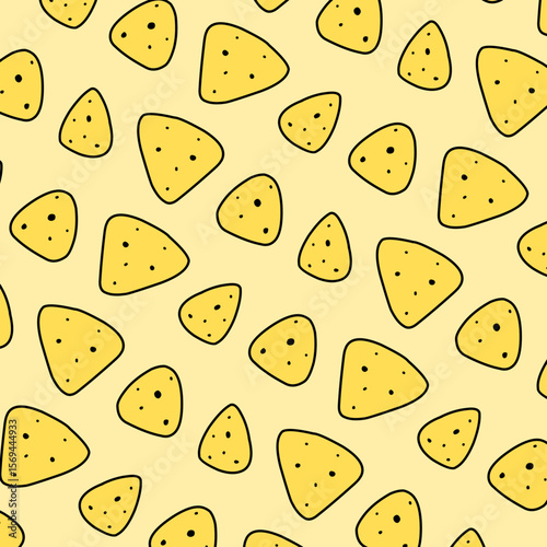 Seamless pattern of scattered cartoon tortilla chips, perfect for snack packaging, Mexican food themes, and festive designs