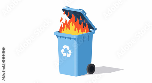 Burning Blue Recycling Bin with Open Lid and Flames