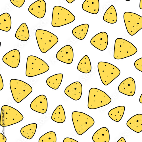 Seamless pattern of scattered cartoon tortilla chips, perfect for snack packaging, Mexican food themes, and festive designs
