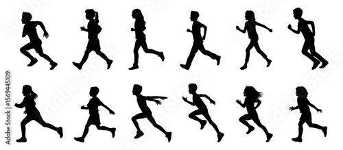 Silhouettes of Children Running - Side View Vector of Active Kids in Motion