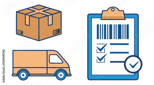 Delivery Truck Cardboard Box Checklist Bar Code Icon Illustration