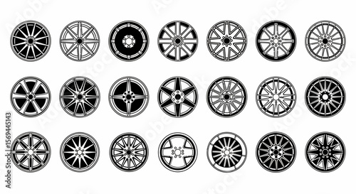 Collection of 24 Black and White Car Wheel Designs: Various Spoke Styles and Patterns
