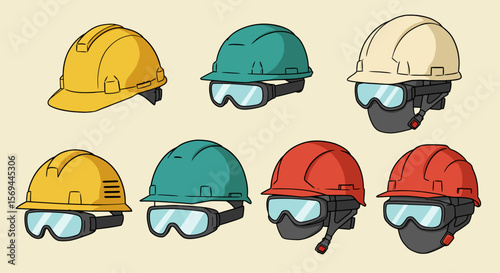 Colorful Illustrated Construction Helmets with Safety Goggles, Protective Gear.