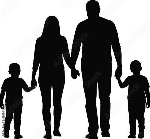 A family of four walks together in silhouette isolated on white background