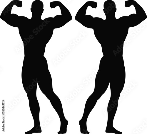 Two muscular male bodybuilders in powerful silhouette poses, showcasing strong biceps and sculpted physique, representing fitness, strength training, bodybuilding competition, and athletic achievement