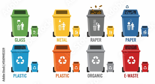 Colorful Recycling Bins with Labels for Waste Sorting, Illustration