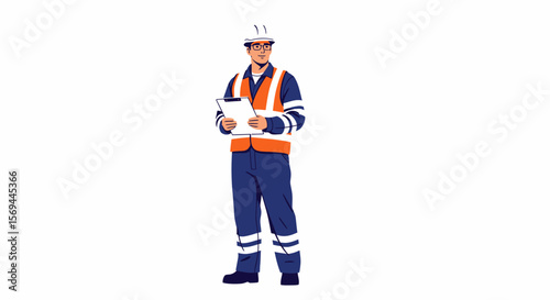 Construction Worker Holding Clipboard in Safety Gear, Blue and Orange Uniform