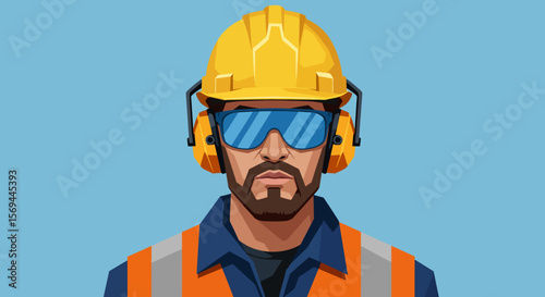 Construction Worker Portrait: Serious Male in Yellow Hard Hat, Safety Glasses, and Earmuffs