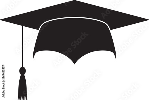 Black graduation cap with tassel silhouette isolated on white background