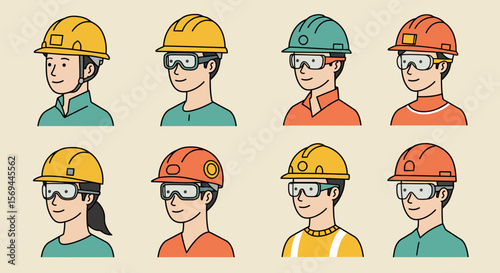 Eight Diverse Construction Worker Icons: Profile Views of Men and Women Wearing Hard Hats and Safety Glasses