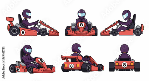 Karting Driver in Red Go-Kart, Multiple Angles, Number 8