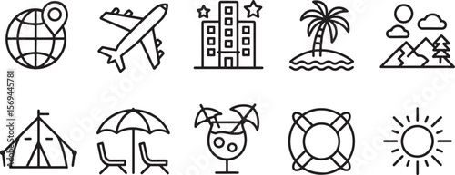 Collection of travel and vacation icons silhouette isolated on white background
