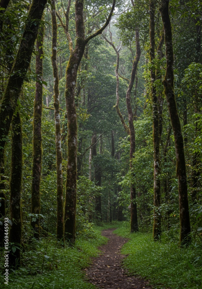 Obraz premium Lush Green Forest Path in Mist