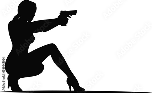 Silhouette of a confident and determined woman in high heels aiming a handgun, powerful female spy or assassin, action-packed crime thriller concept, self-defense, strength, and precision.