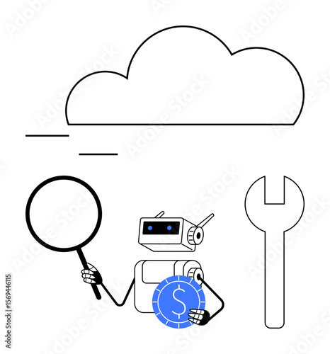 Robot holding magnifying glass, blue dollar coin, tool under cloud portrays data analysis, technology, repair, finance. Ideal for AI, IT, cloud computing fintech innovation automation