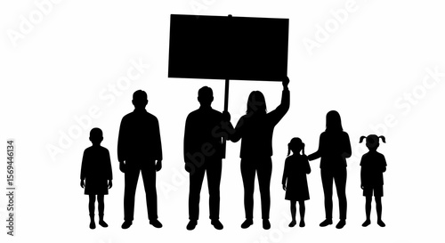 Silhouetted Family of Six Protesting, Holding Blank Sign