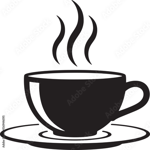 Steaming hot coffee cup and saucer silhouette isolated on white background