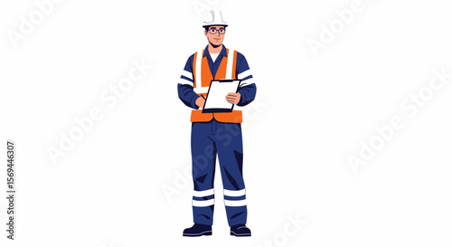 Vector Illustration of Construction Worker Holding Clipboard, Safety Gear