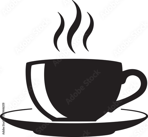 Black silhouette of a steaming coffee cup on a saucer isolated on white background silhouette