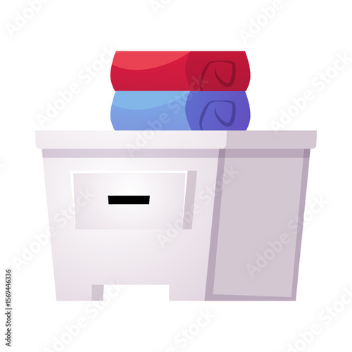 White cardboard box with folded and stacked red and blue towels vector flat illustration, stuff coffer storage container
