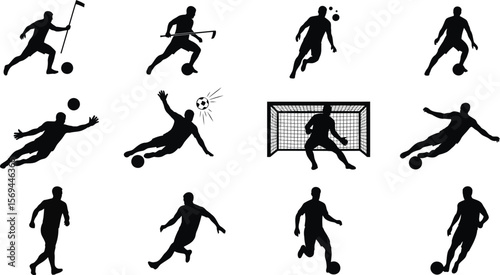 A collection of soccer player silhouettes in various actions, isolated on white background